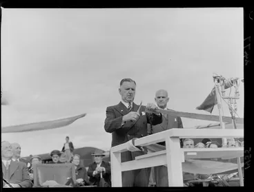 Image: Prime minister Sid Holland cutting ribbon to open service on the Rimutaka Railway Tunnel
