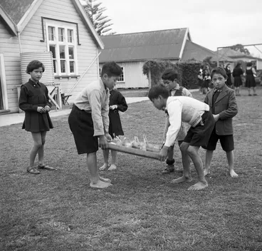 Image: Children taking part in tooth brush drill, Te Kaha school, Opotiki