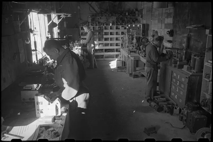 Work in the electrical bay of the NZ Electrical and Mechanical Engineers at Maadi Camp, Egypt - Photograph taken by George Bull