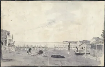 Image: Pearse, John 1808-1882 :Poraite. Maori Pah (village) East Coast. [Between 1852 and 1856]