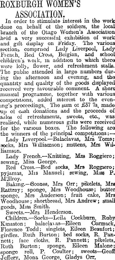 Image: ROXBURGH WOMEN'S ASSOCIATION. (Otago Daily Times 1-9-1916)
