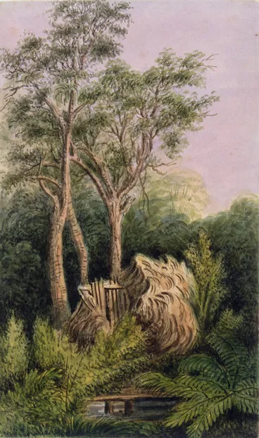 Image: Gold, Charles Emilius 1809-1871 :[Ruined raupo whare by a stream in New Zealand bush, Wellington region, between 1848 and 1860]