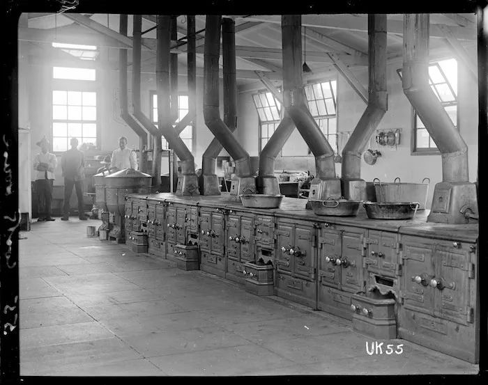 Inside the cookhouse at a World War I camp in England