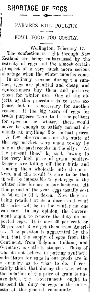 Image: SHORTAGE OF EGGS. (Taranaki Daily News 20-2-1915)