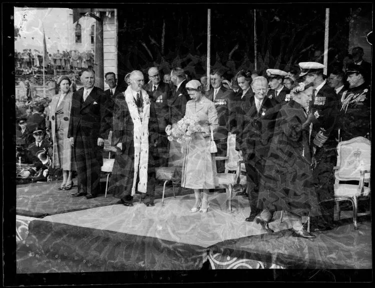Queen Elizabeth II and Prince Philip departure from Bluff, 1954