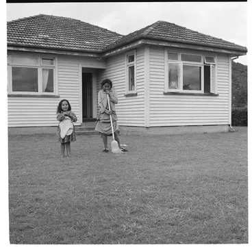 Image: Young Maori girls outside a house in Ruatoki; and scenes at a Maori youth club meeting in Whakatane