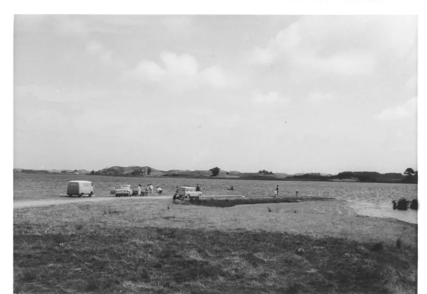 People & Vehicles on shore of Lake Horowhenua, 1969