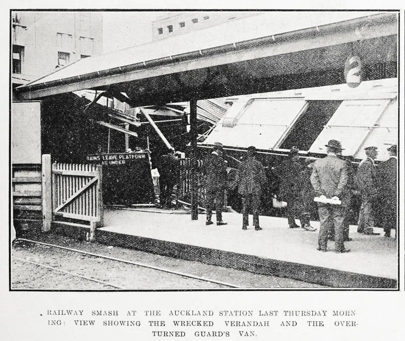Railway smash at the Auckland station last Thursday morning: view showing the wrecked verandah and the overturned guard's van
