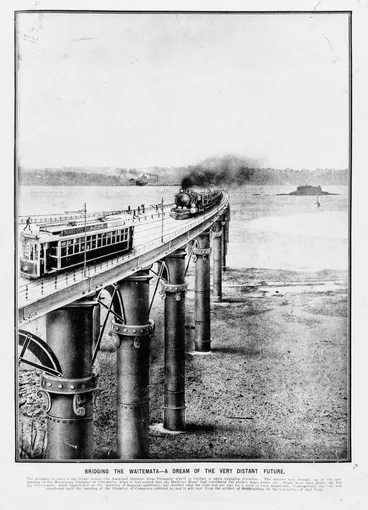 Image: A 1911 illustration depicting a futuristic bridge over the Waitemata.