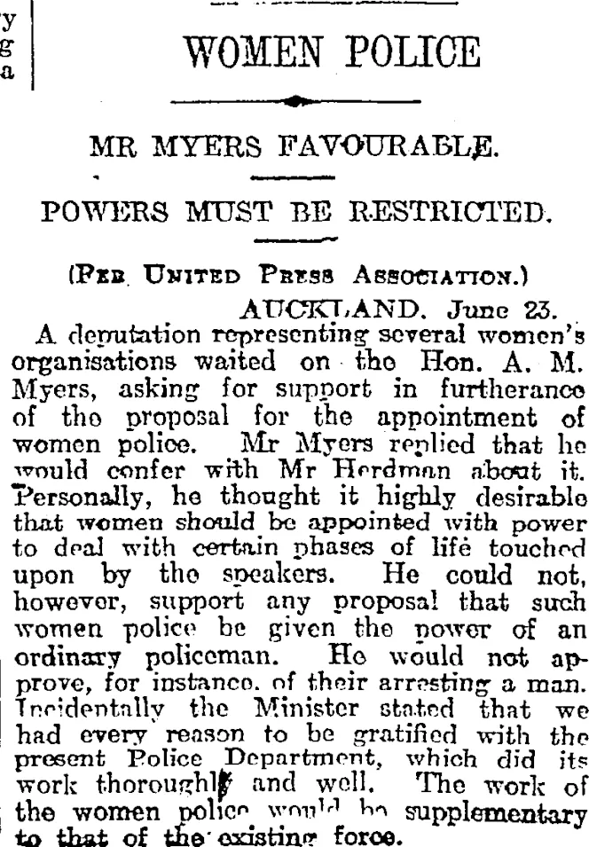 WOMEN POLICE (Otago Daily Times 25-6-1917)