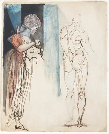 Image: A Woman Standing, Attending to a Man, with a Standing Male Nude Seen from the Back