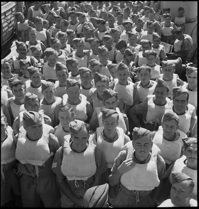 Men of 2 NZ Division at boat stations during the journey to Italy, World War II