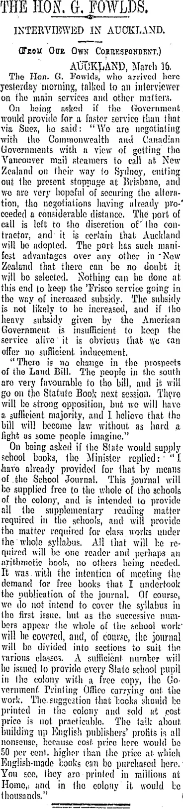 Image: THE HON. G. FOWLDS. (Otago Daily Times 18-3-1907)