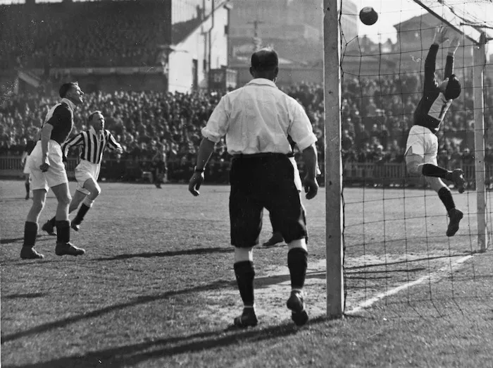 Soccer game between Waterside and Mosgiel, Basin Reserve, Wellington - Photograph taken by Charles P S Boyer