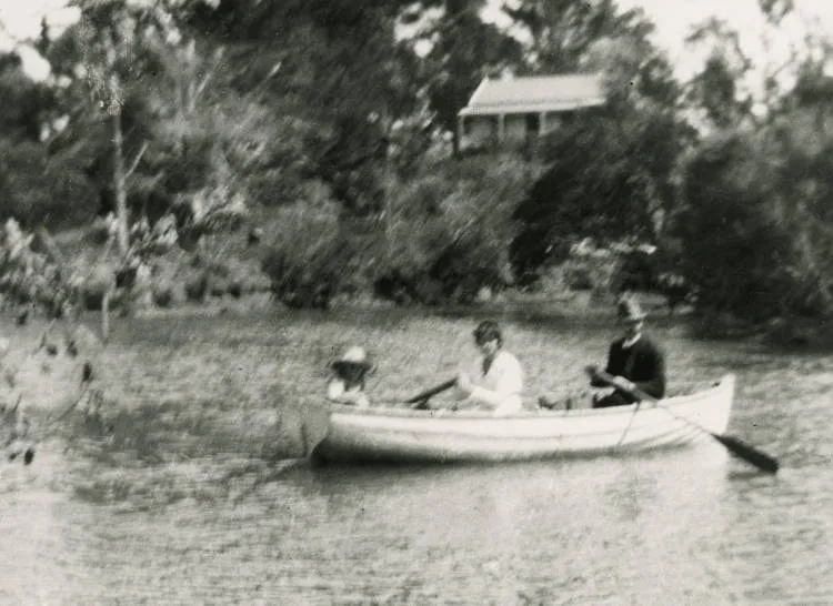 Elise Segar, Margaret Segar and Percy Segar rowing on Deep Creek, Torbay.
