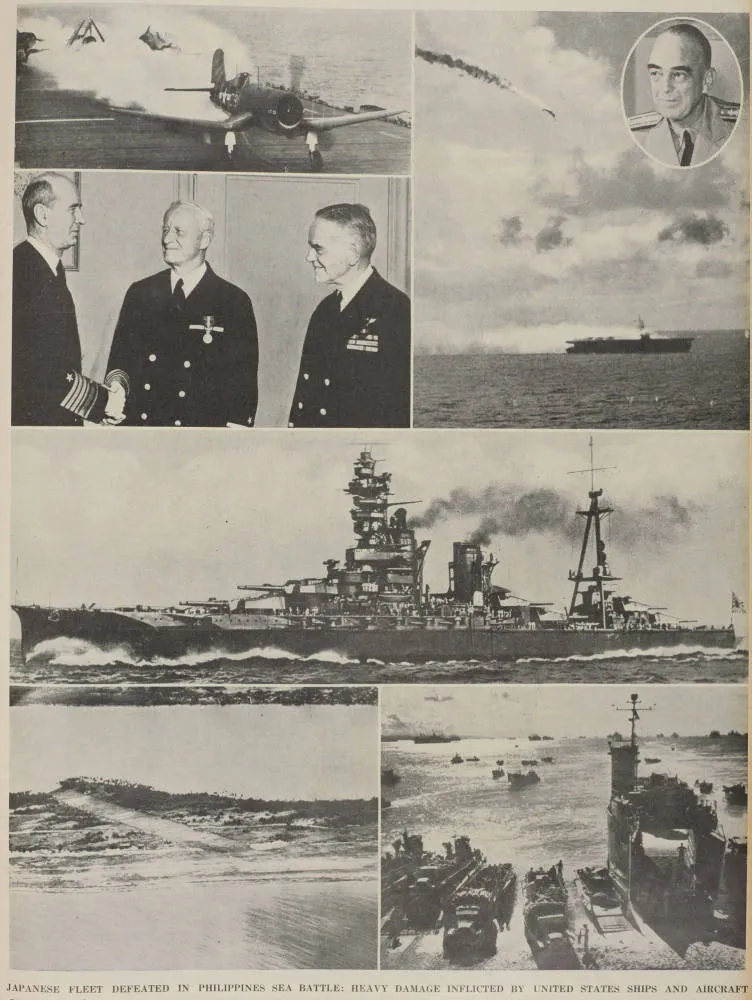 Japanese fleet defeated in Philippines sea battle: heavy damage inflicted by United States ships and aircraft