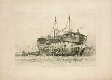 Image: Cooke, Edward William, 1811-1880 :Prison-ship, in Portsmouth Harbour. Convicts going on board. Drawn and etched by Edd. Wm Cooke 1828
