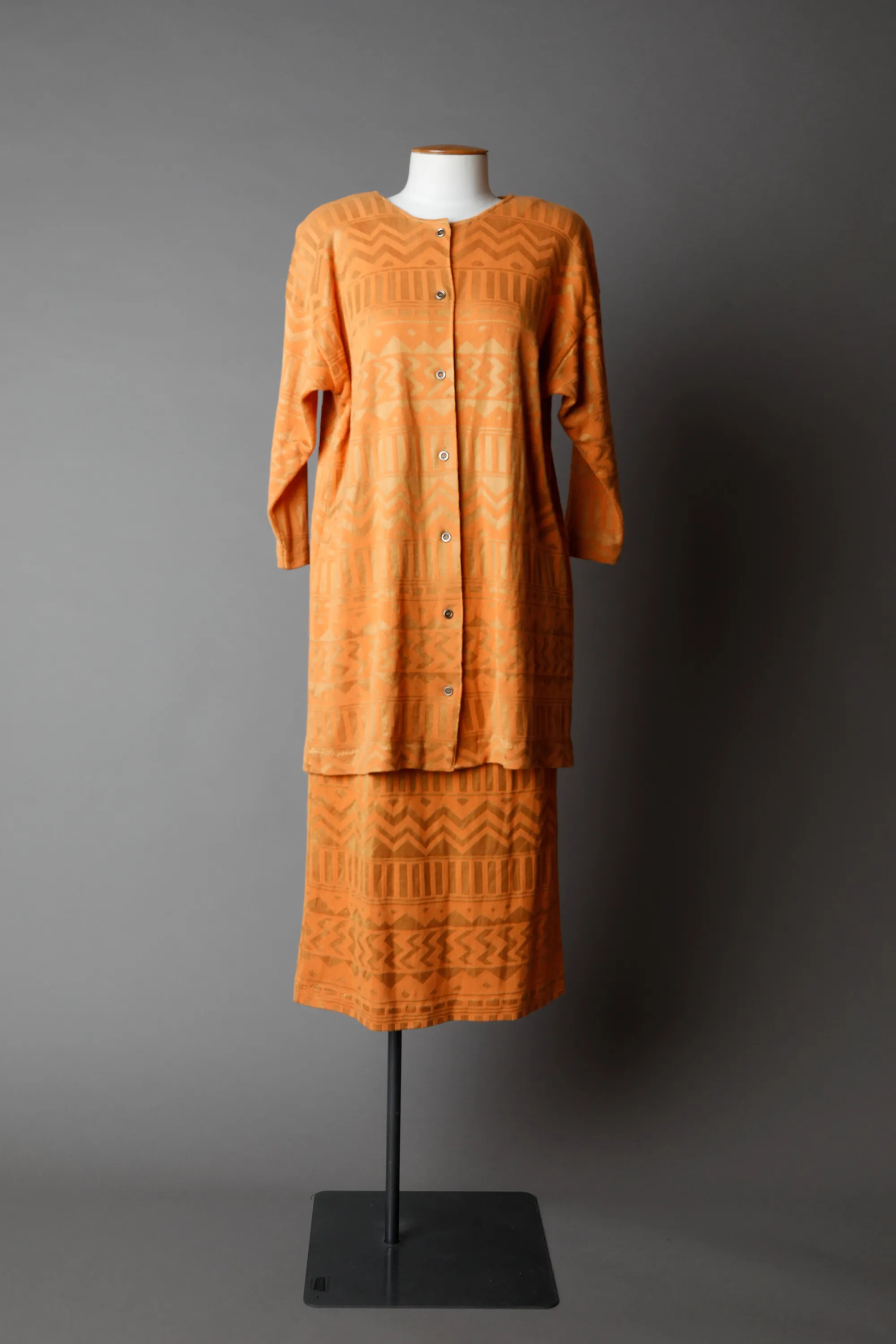 Thornton Hall tunic skirt in orange geometric print, 1986