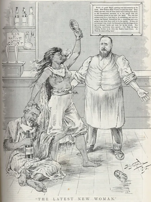 Hawbridge, Bob, fl 1890s:The Latest New Woman. New Zealand Graphic, 9 February 1895. p. 131.
