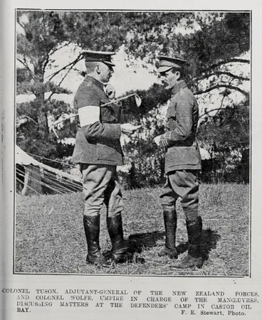 Image: COLONEL TUSON, ADJUTANT-GENERAL OF THE NEW ZEALAND FORCES, AND COLONEL WOLFE, UMPIRE IN CHARGE OF THE MANOEUVRES