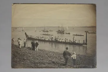 Image: [Maori waka on Auckland Harbour]