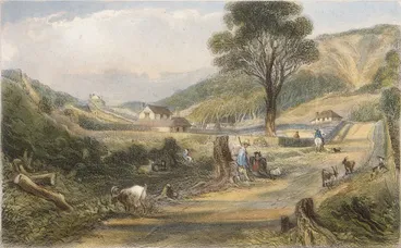 Image: [Brees, Samuel Charles] 1810-1865 :Mr Brees' cottage, Karori Road. [1842? Drawn by S C Brees. Engraved by Henry Melville. London, 1849]