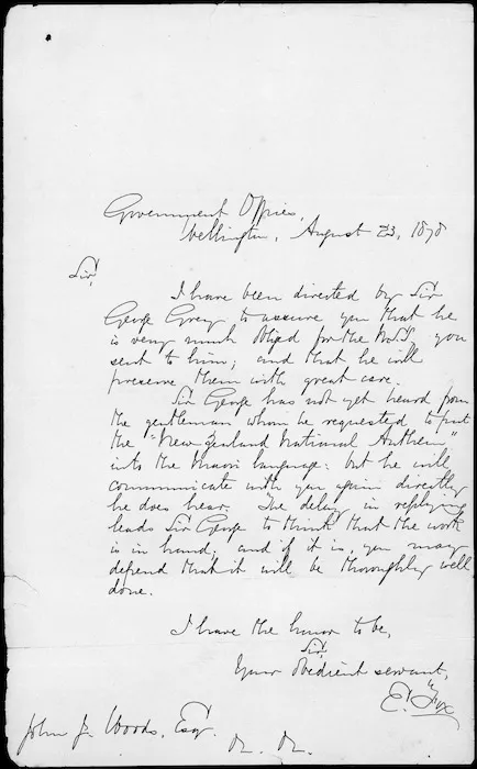 Letter from E Fox on behalf of Sir George Grey to John Joseph Woods