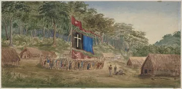 Image: [Meade, Herbert (Lieutenant)], 1842-1868 :Pai Marire karakia, held by the Te Hau fanatics at Tataroa, New Zealand, to determine the fate of their prisoners. Jan[uar]y 27th, 1865.