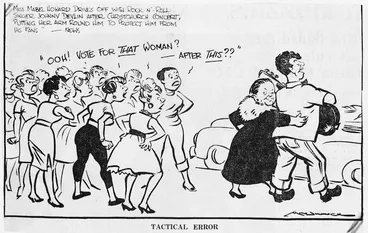 Image: Minhinnick, Gordon (Sir), 1902-1992 :'Miss Mabel Howard drives off with Rock-'n'-roll singer Johnny Devlin after Christchurch concert, putting her arm round him to protect him from his fans - News'. "Ooh! Vote for THAT woman? - after THIS??" 'Tactical error'. N.Z. Herald, 14 January, 1959