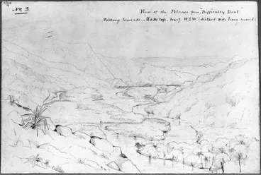 Image: [Drake, James Charles] 1821-1865? :View of the Pelorus from "Difficulty Point" looking towards "Moketap" [Maungatapu] bearg. WSW (distant hills being covered) [16 Jan 1844]
