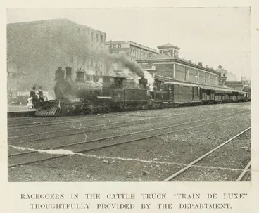 Image: Racegoers in the cattle truck 'train de luxe' thoughtfully provided by the department