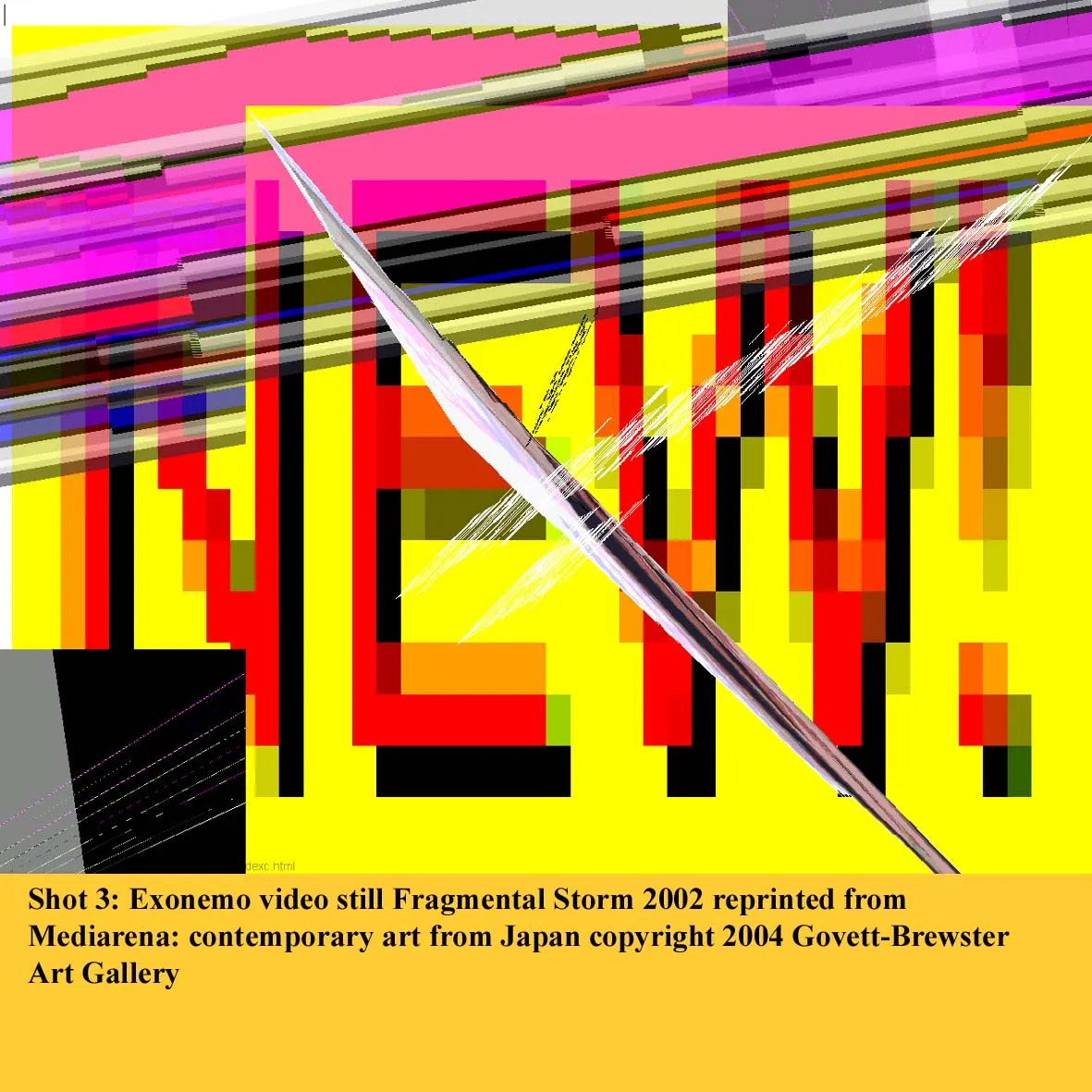 Shot 3: Exonemo video still Fragmental Storm 2002 reprinted from Mediarena: contemporary art from Japan copyright 2004 Govett-Brewster Art Gallery