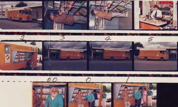 Image: 'Proof sheet' of 11 colour photos taken during final visit of National Library van, 1988