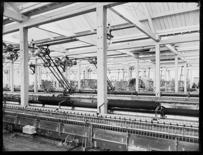Interior of the Wellington Woollen Company factory, Petone, Lower Hutt