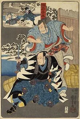 Nakamura Utaemon IV as Kō no Moronō (top), under attack by Onoe Kikugoro III as Oboshi Yuranosuke