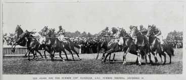 The start of the summer cup handicap, at the Auckland Racing Club's summer meeting, December 28 Image: The start of the summer cup handicap, at the Auckland Racing Club's summer meeting, December 28