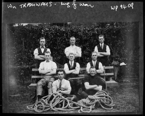 Wellington Corporation Tramways staff picnic, Tug of War team.