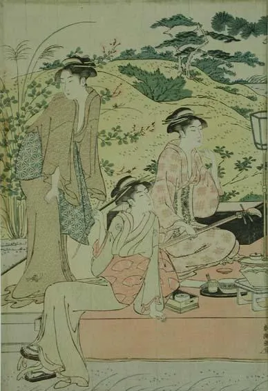 Three young women with food and musical instruments in the country