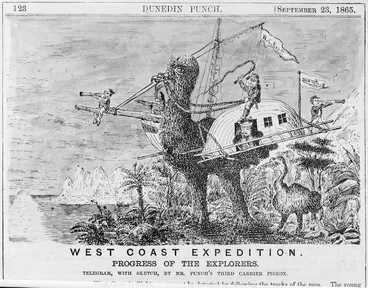 Image: Photograph of an undated cartoon by an unidentified artist depicting gold prospectors riding upon a moa on the West Coast