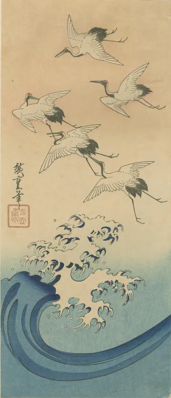 Cranes Flying above Waves 波に鶴
