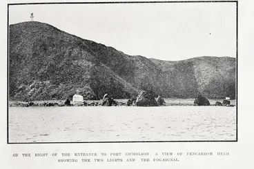 On the right of the entrance to Port Nicholson: a view of Pencarrow Head, showing the two lights and the fog-signal Image: On the right of the entrance to Port Nicholson: a view of Pencarrow Head, showing the two lights and the fog-signal