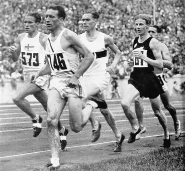 Image: Runners during the first lap of the 1500 metres final at the 1936 Olympic Games in Berlin