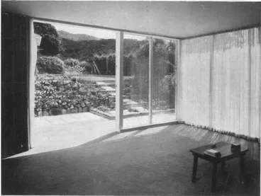 Image: Black and white photograph of house interior, designed by E. A. and Anna Plischke