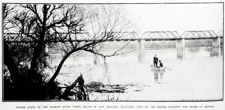 Winter scene on the Waikato River, North Island of New Zealand: beautiful view of the bridge spanning the river at Huntly