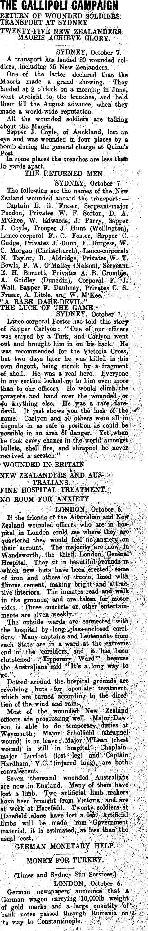 THE GALLIPOLI CAMPAIGN (Otago Daily Times 8-10-1915)