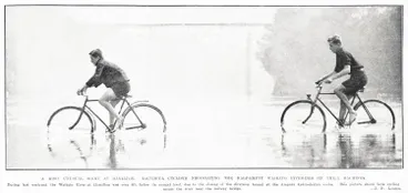 Image: A most unusual sight at Hamilton, youthful cyclists negotiating the half-empty Waikato river-bed on their machines