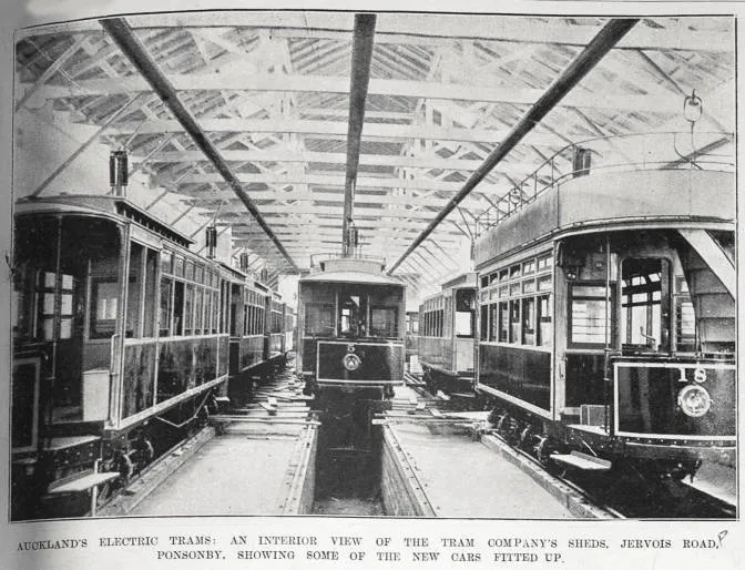 Auckland Electric Tramways Company's sheds in Jervois Road, Ponsonby, showing some of the new cars fitted out