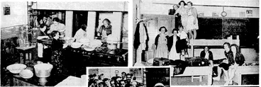 Image: Evening Post" Photo. Sdenes at Newtown School, ivhere the children from Whangarei and the far north and their escorts have been housed and fed whilst in Wellington. At the top are the kitchen (left) where the meals have been prepared and served, and one of the classrooms (right) used-as a dormitory. Bottom right, boys: queued up at meal time. (Evening Post, 25 January 1940)
