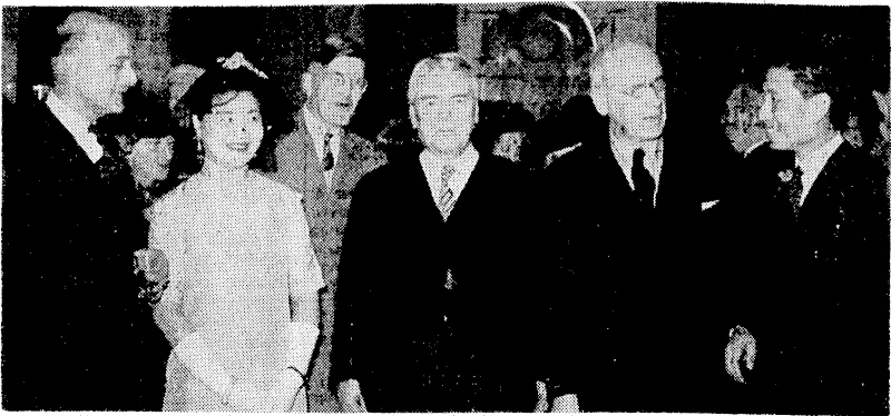 The Chinese Consul-General, Mr. Wang Feng, and Mrs. Wang yesterday entertained a number of guests in celebration of the Japanese surrender. From left, the High Commissioner for the United Kingdom (Sir Patrick Duff), the United States Minister to New Zealand (Mr. K. S. Patton),Mrs. Wang, the Minister of Finance (Mr. Nash), the Prune Minister (Mr. Fraser) and the Chinese Gonsul-General(Mr. Wang Feng). (Evening Post, 06 September 1945)