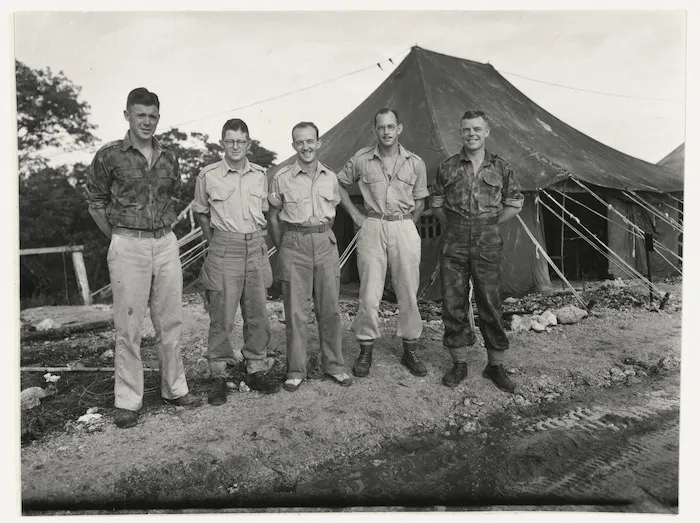 Intelligence staff from 2nd New Zealand Expeditionary Force (in the Pacific), on Nissan Island, New Guinea, during World War II